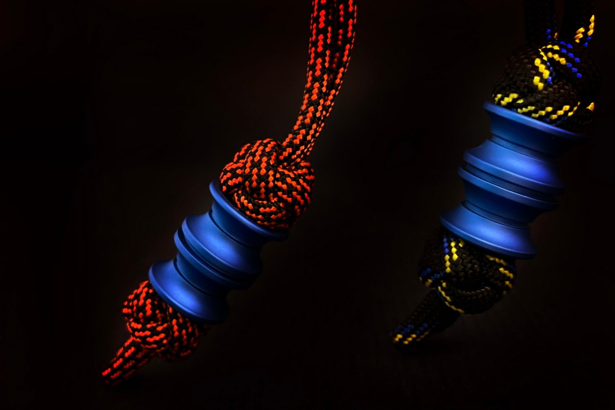 Blue Matte Grooved Barrel EDC bead showing the 6mm hole for 550 paracord attachment.-1