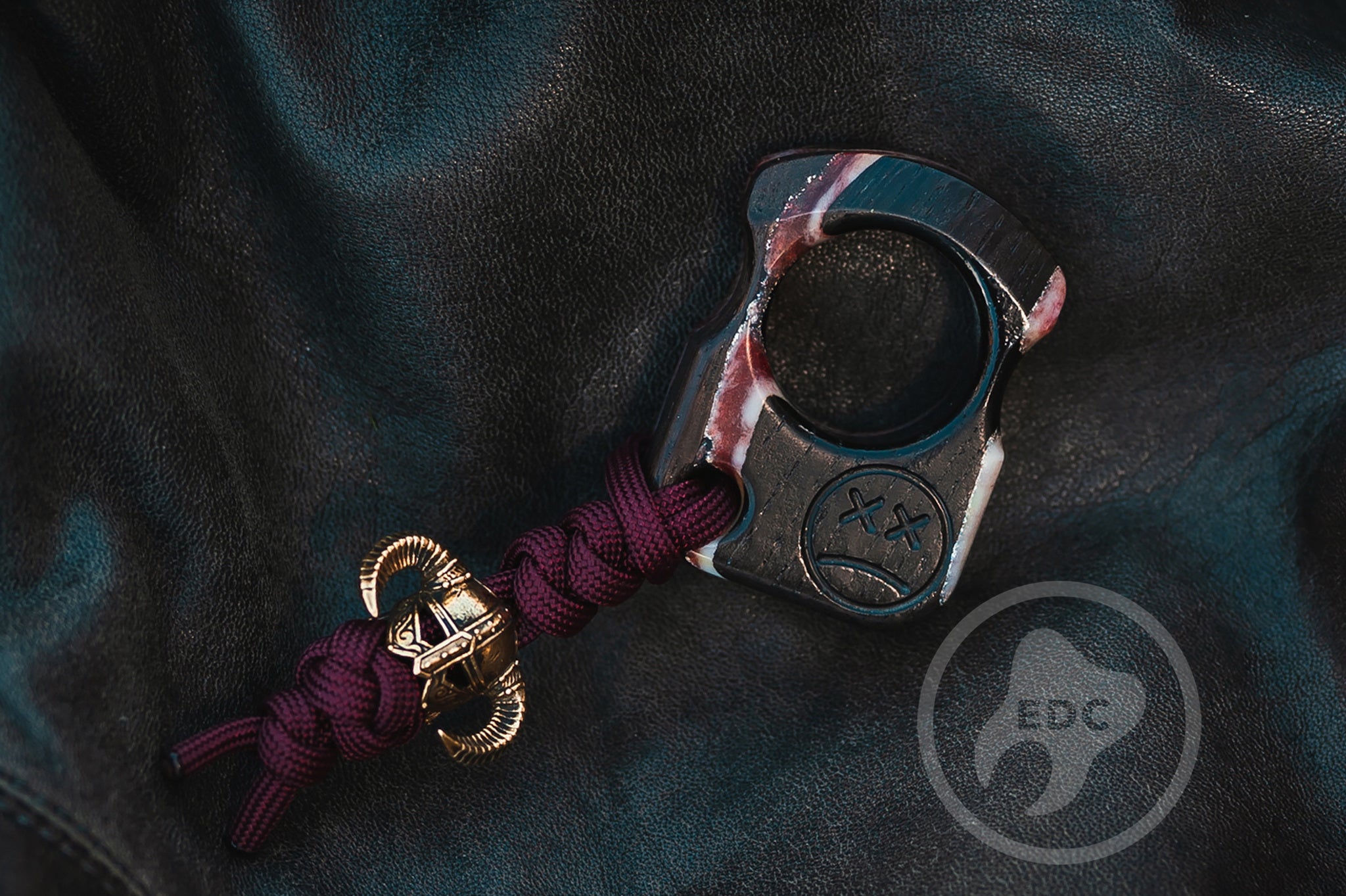 Handcrafted Series S01 hybrid ironwood and oak pocket sculpture with Dragonborn helmet bead