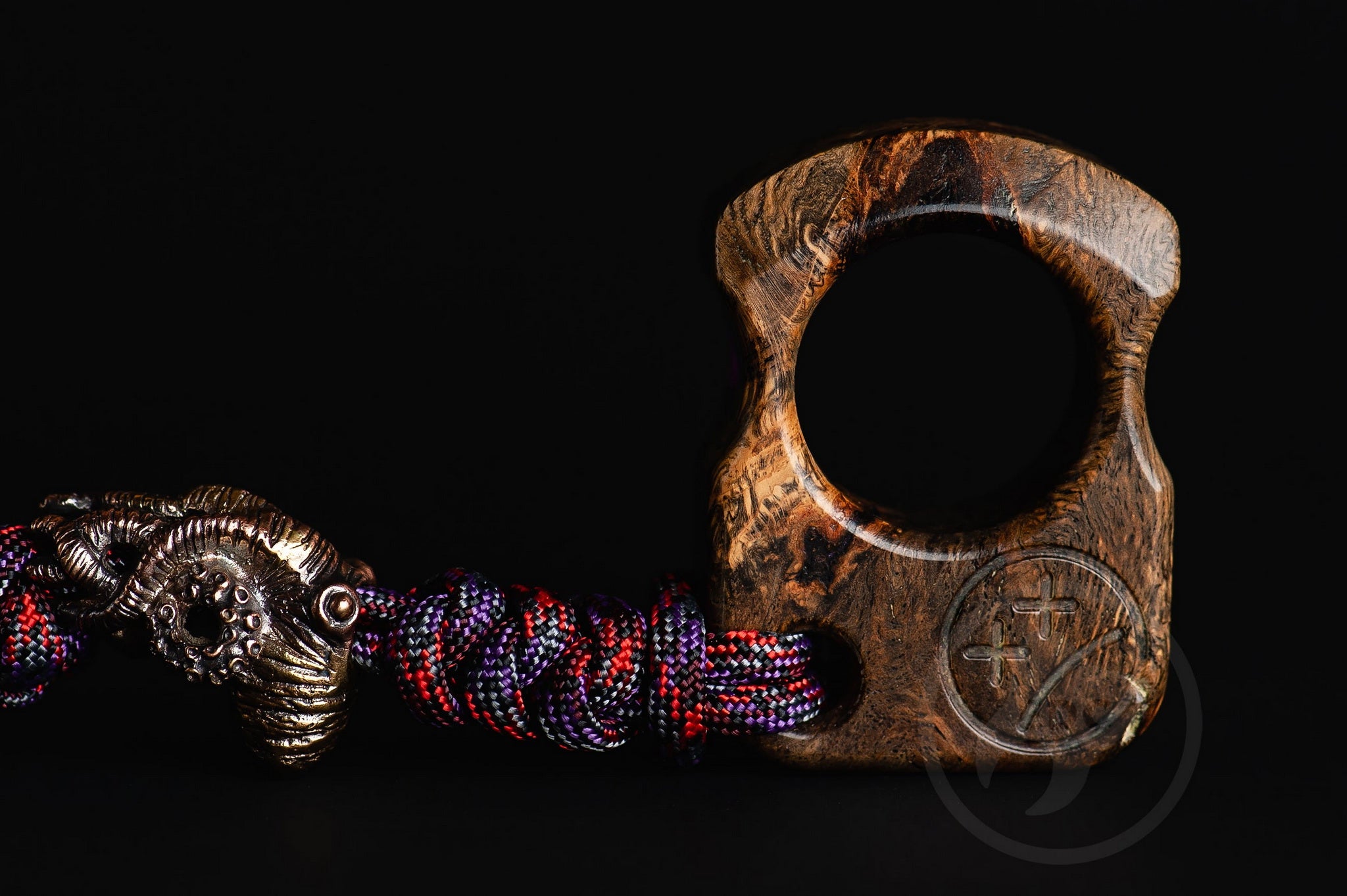 Close up of solid brass Octopus bead on purple lanyard, Texture detail of purple resin and oak burl nautical pocket sculpture-3