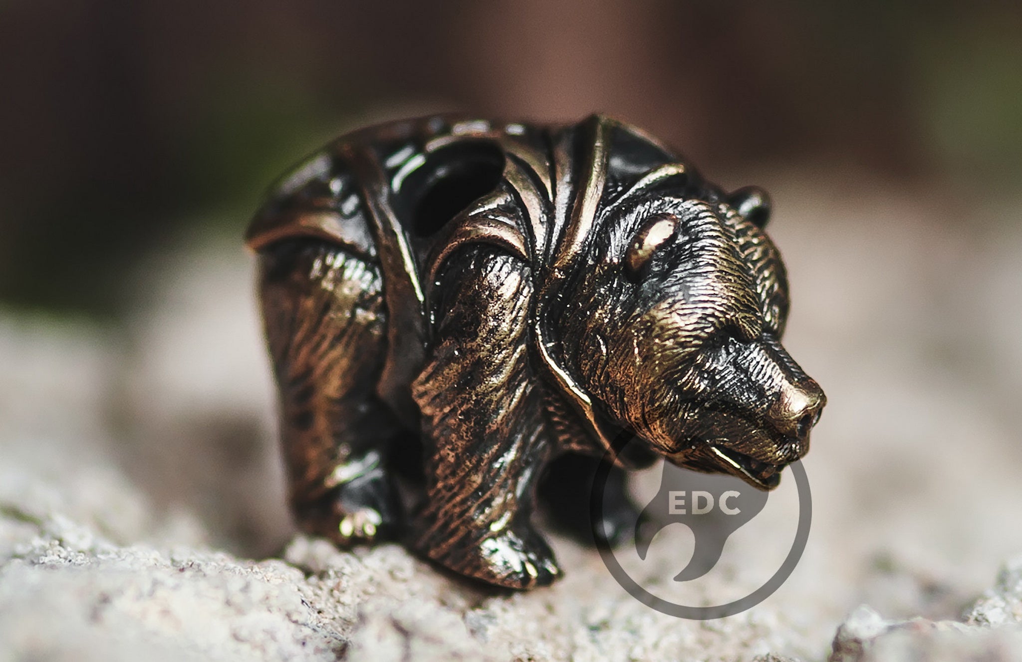 Solid brass Fighting Grizzly Bear bead with double hole design.-1