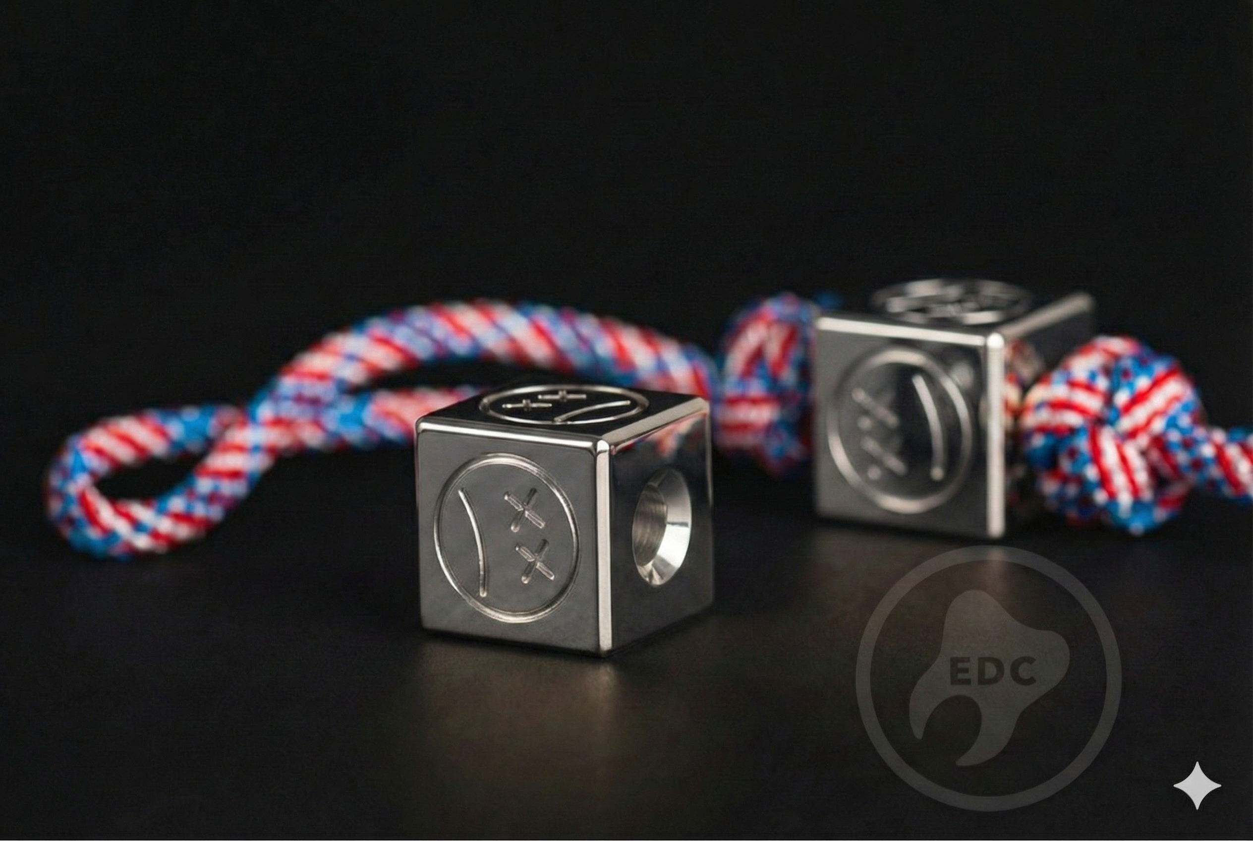High-polished mirror finish aluminum Sad Face Cube lanyard bead.