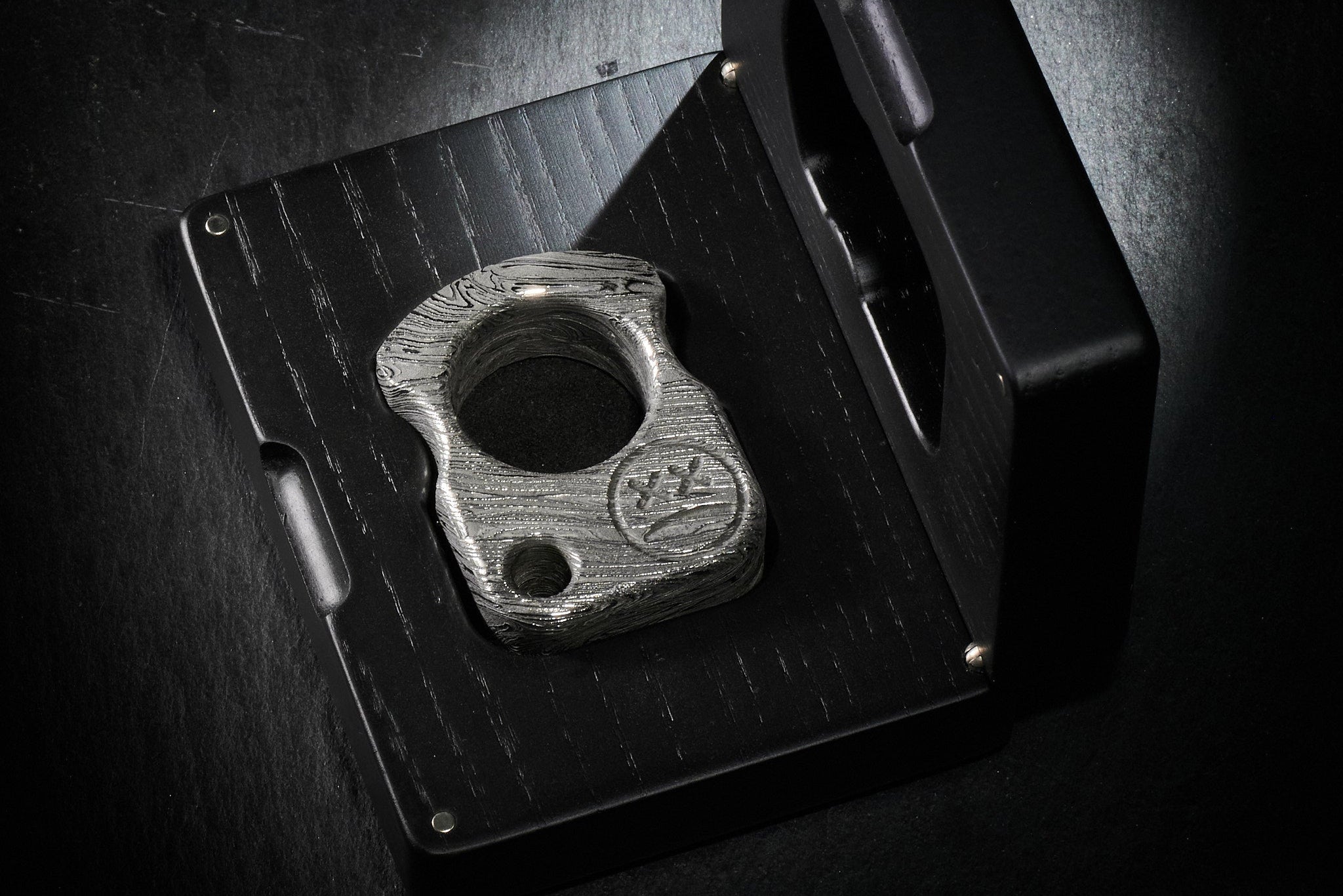 Elite Series S01 Damascus artifact in a Black Oak and Alcantara box.