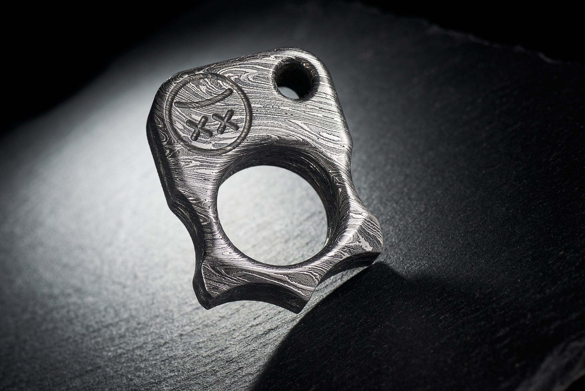 Hand-forged Damascus steel Series S03 pocket art with Sad Face logo hallmark