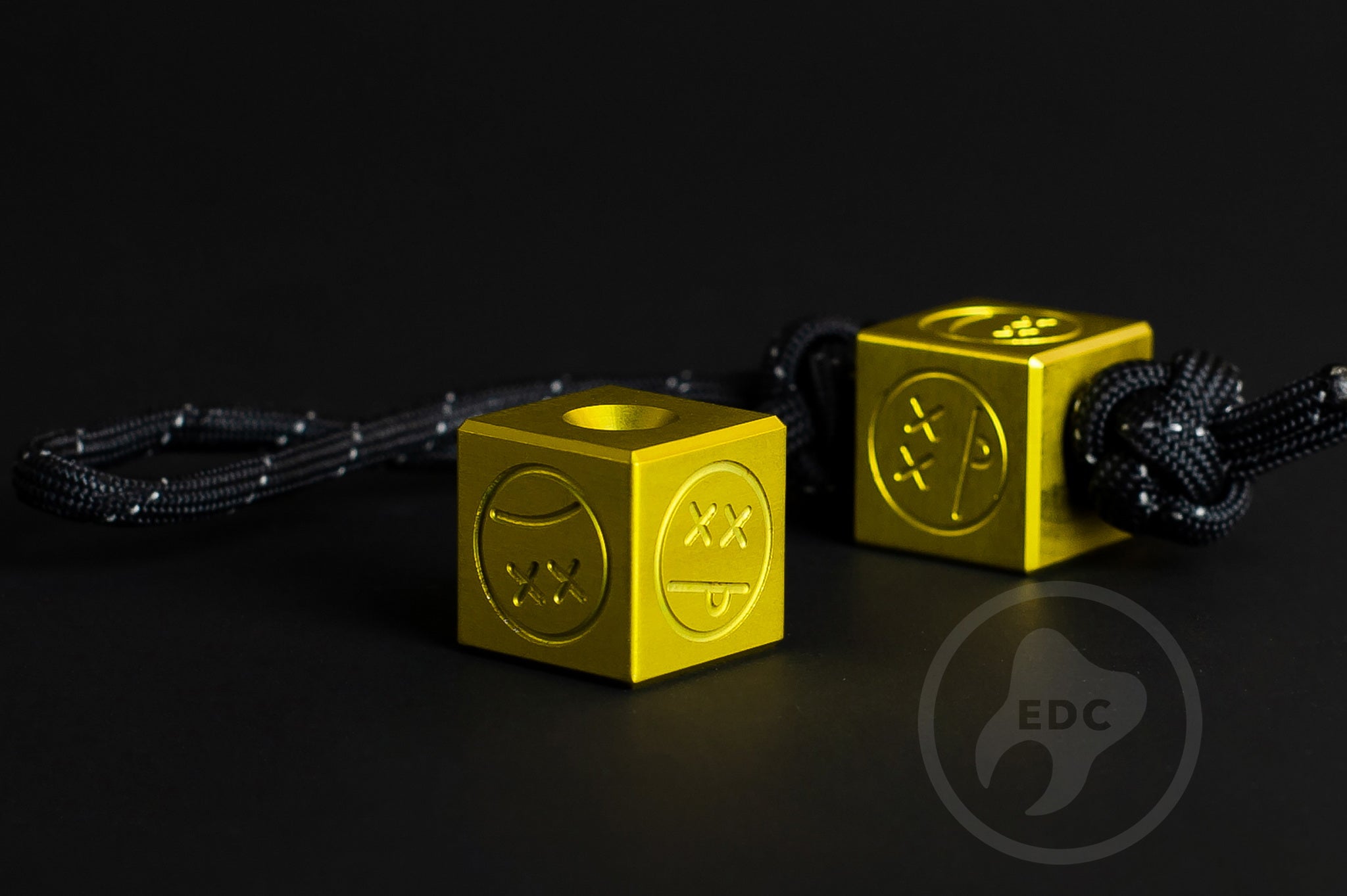 Vibrant yellow Type II anodized aluminum Sad Face Cube bead.-1