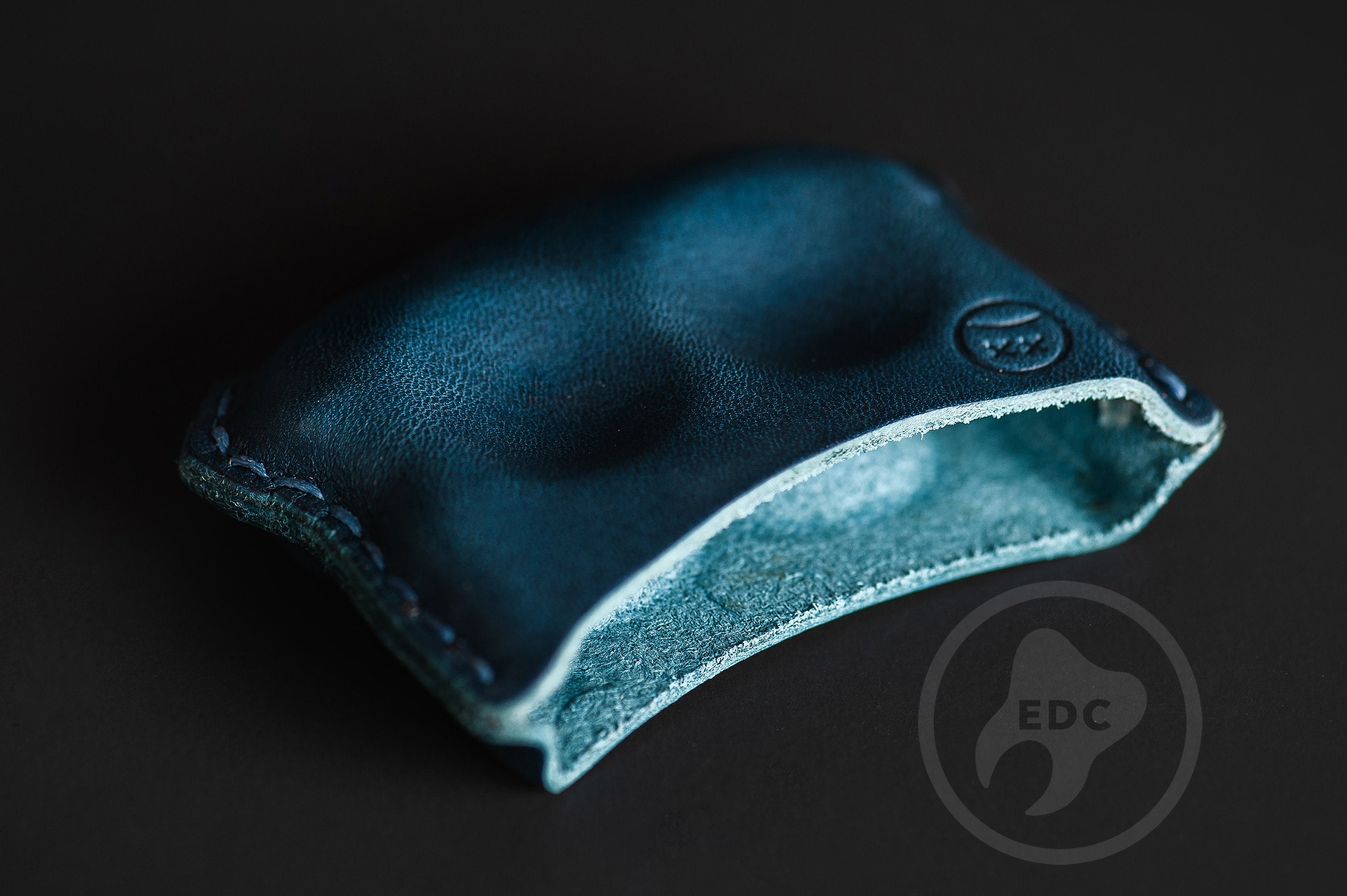 Close-up of premium blue leather stitching on dual-slot EDC slip D01, Pocket fit of Series D01 royal blue leather organizer-4