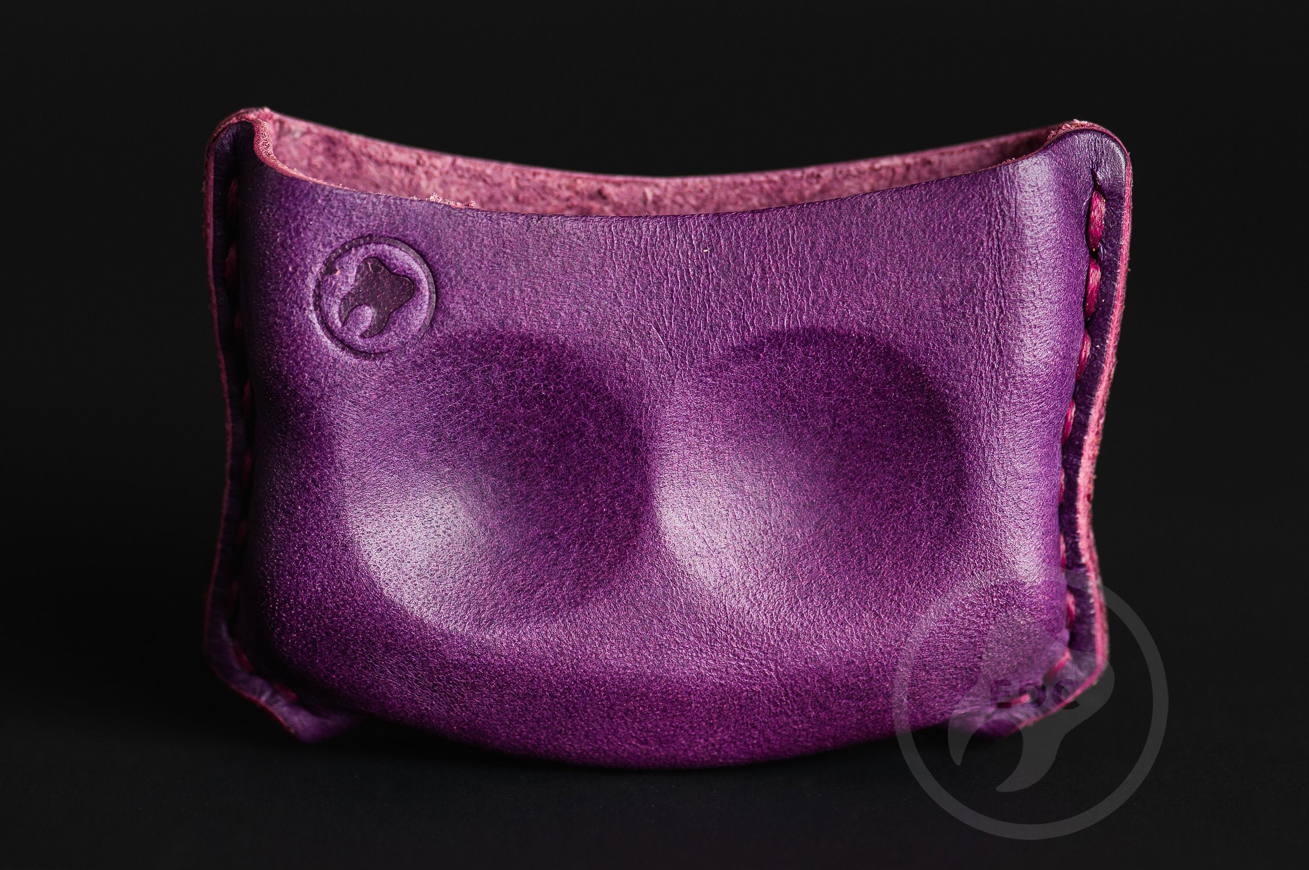 Close-up of premium purple leather stitching on dual-slot EDC slip D01, Pocket fit of Series D01 royal purple leather organizer-3