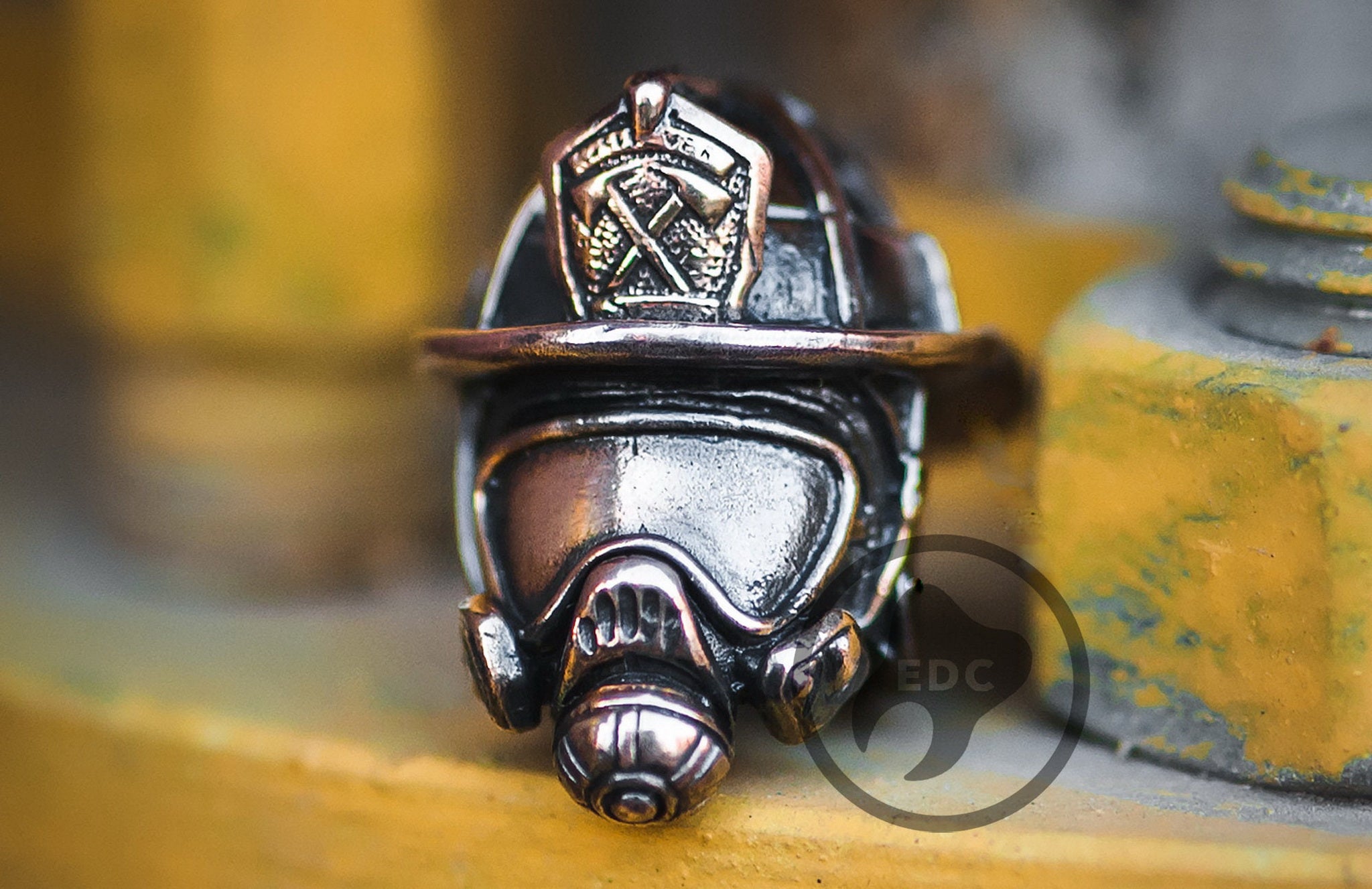 Hand-casted brass lanyard bead shaped like a traditional American Firefighter helmet with eagle crest.-1