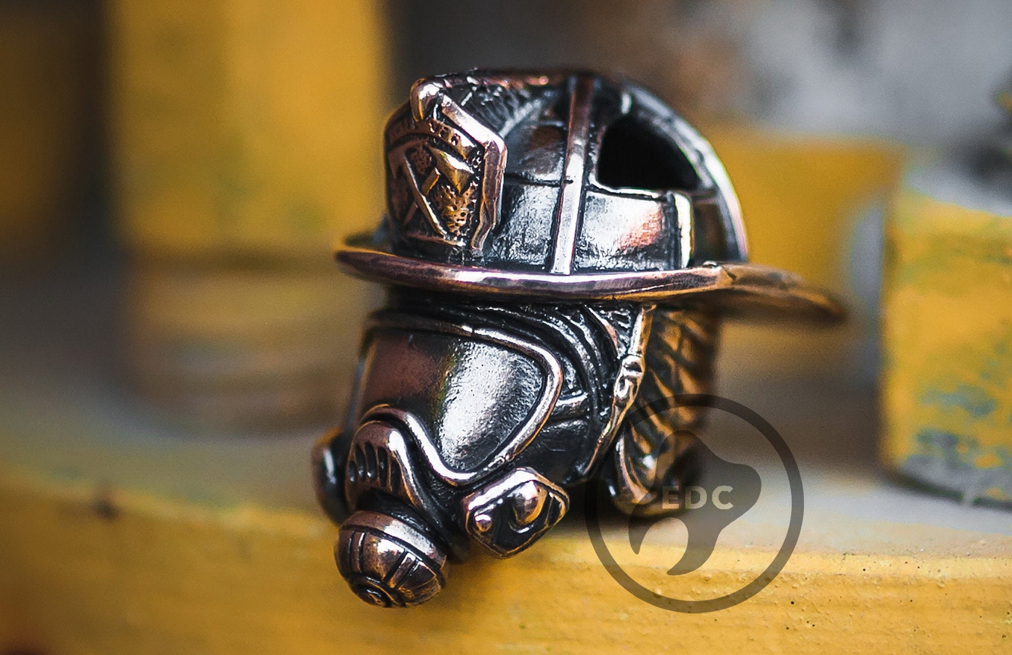 Hand-casted brass lanyard bead shaped like a traditional American Firefighter helmet with eagle crest.-2