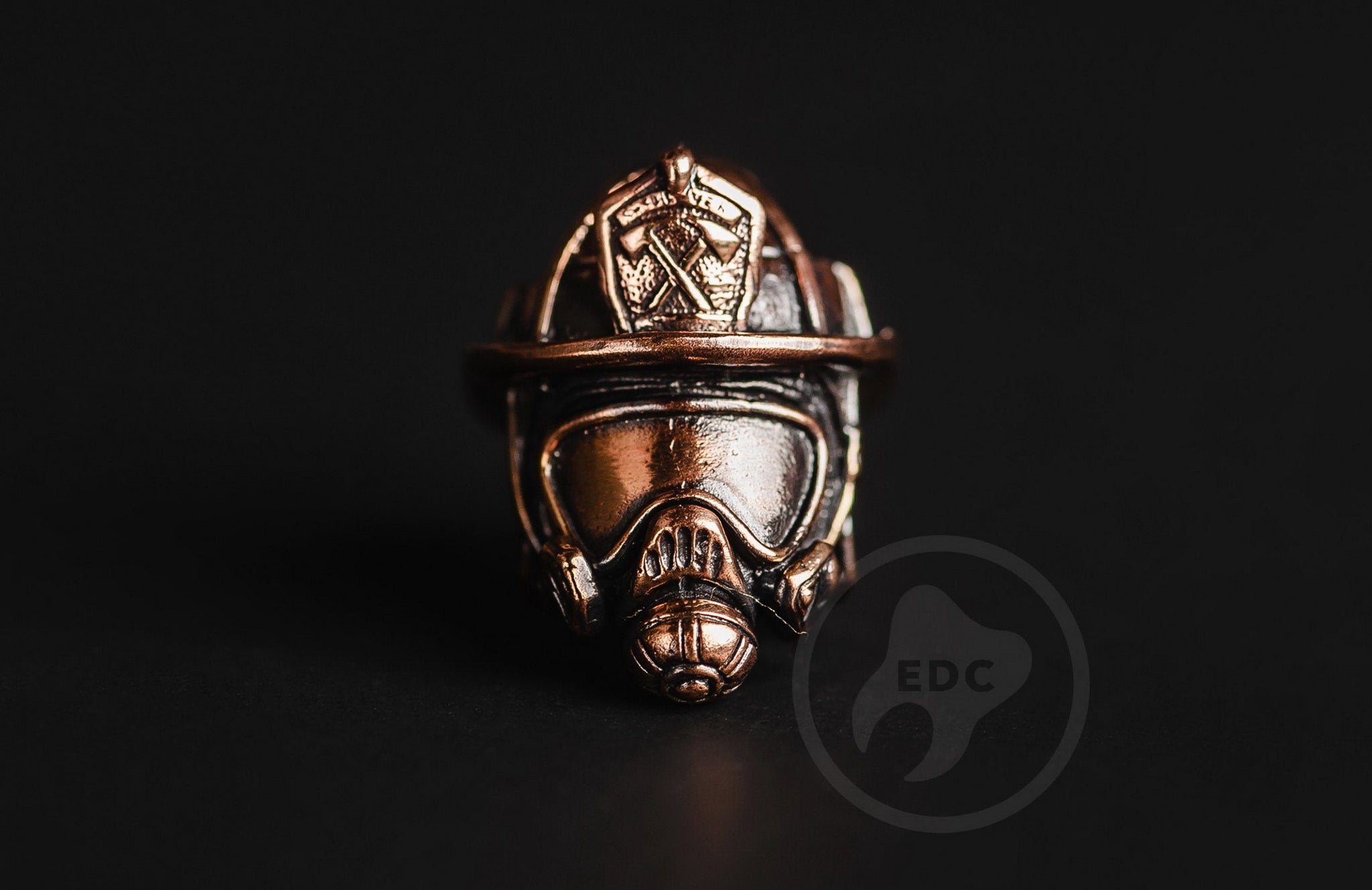 Hand-casted brass lanyard bead shaped like a traditional American Firefighter helmet with eagle crest.-3