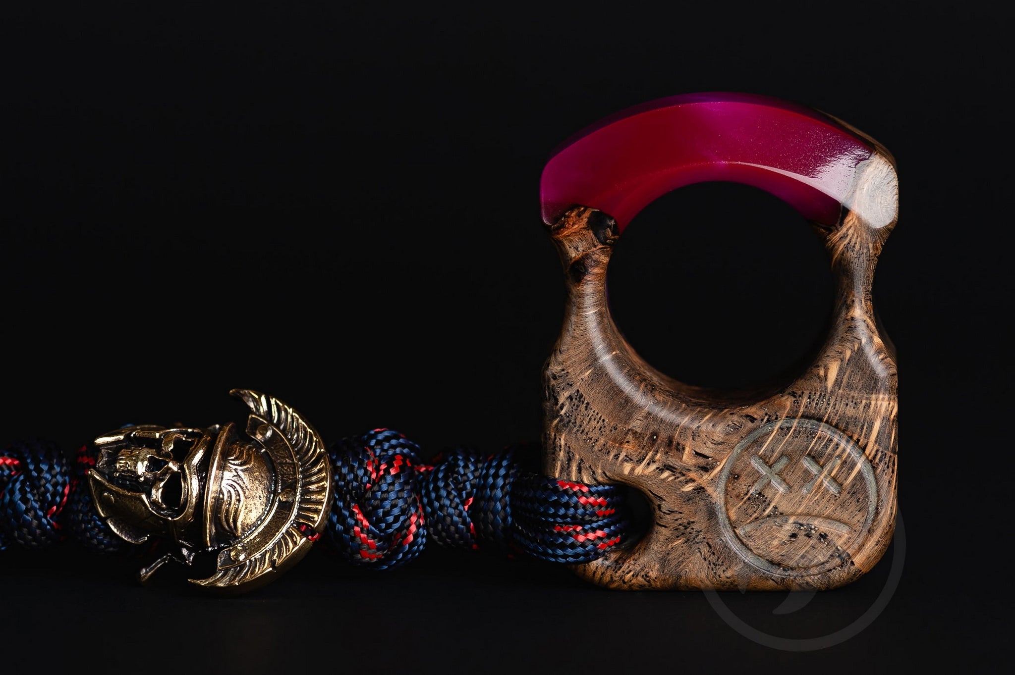 Handcrafted Series S01 stabilized oak burl and pearl purple resin EDC sculpture with brass Centurion bead