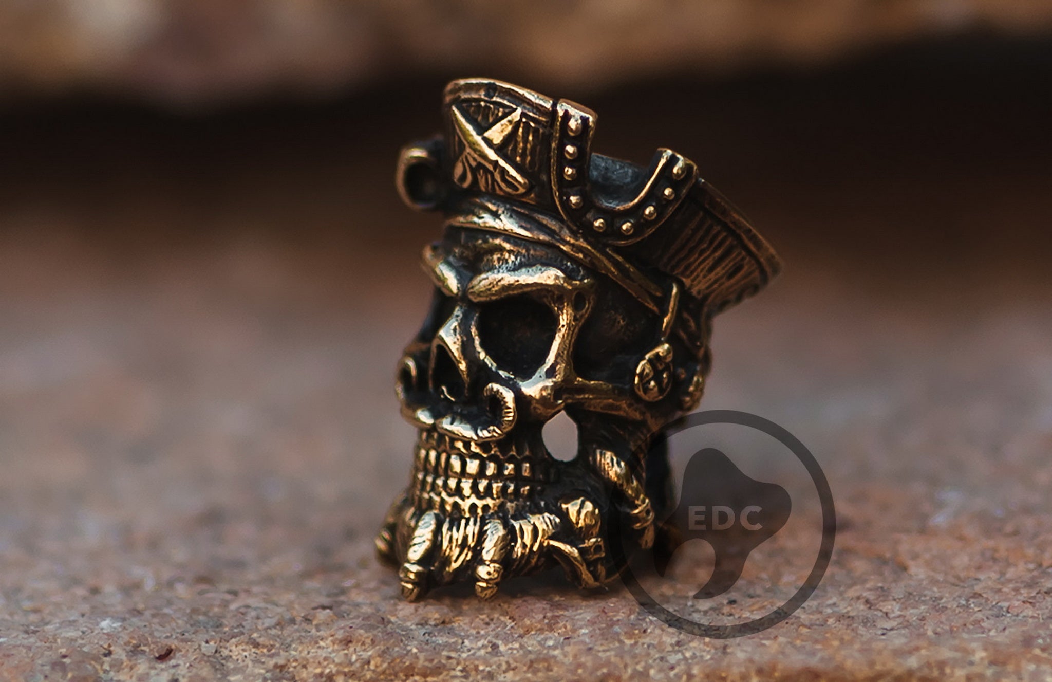 Hand-casted brass lanyard bead depicting the skull of Pirate Captain Blackbeard.-1