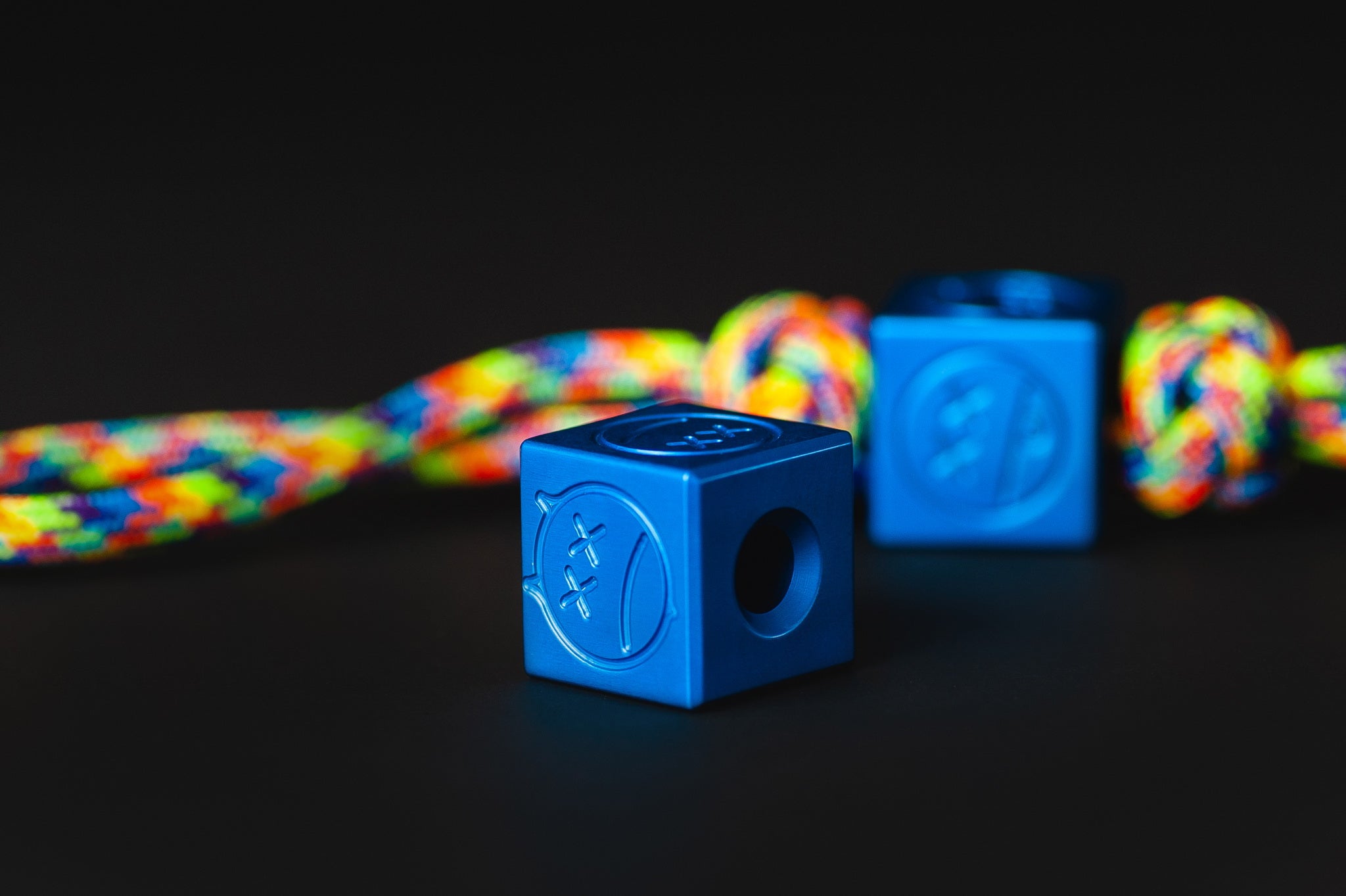 Blue aluminum Sad Face Cube lanyard bead.-1