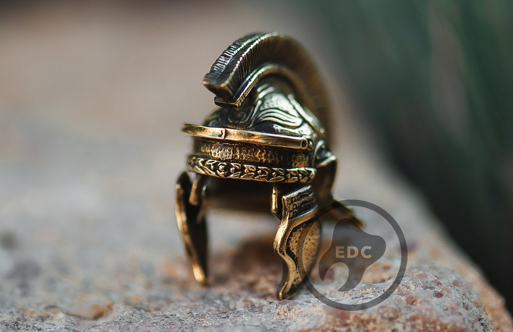 Close-up of the cheek guards and brow plate on the brass Legionnaire bead.-1