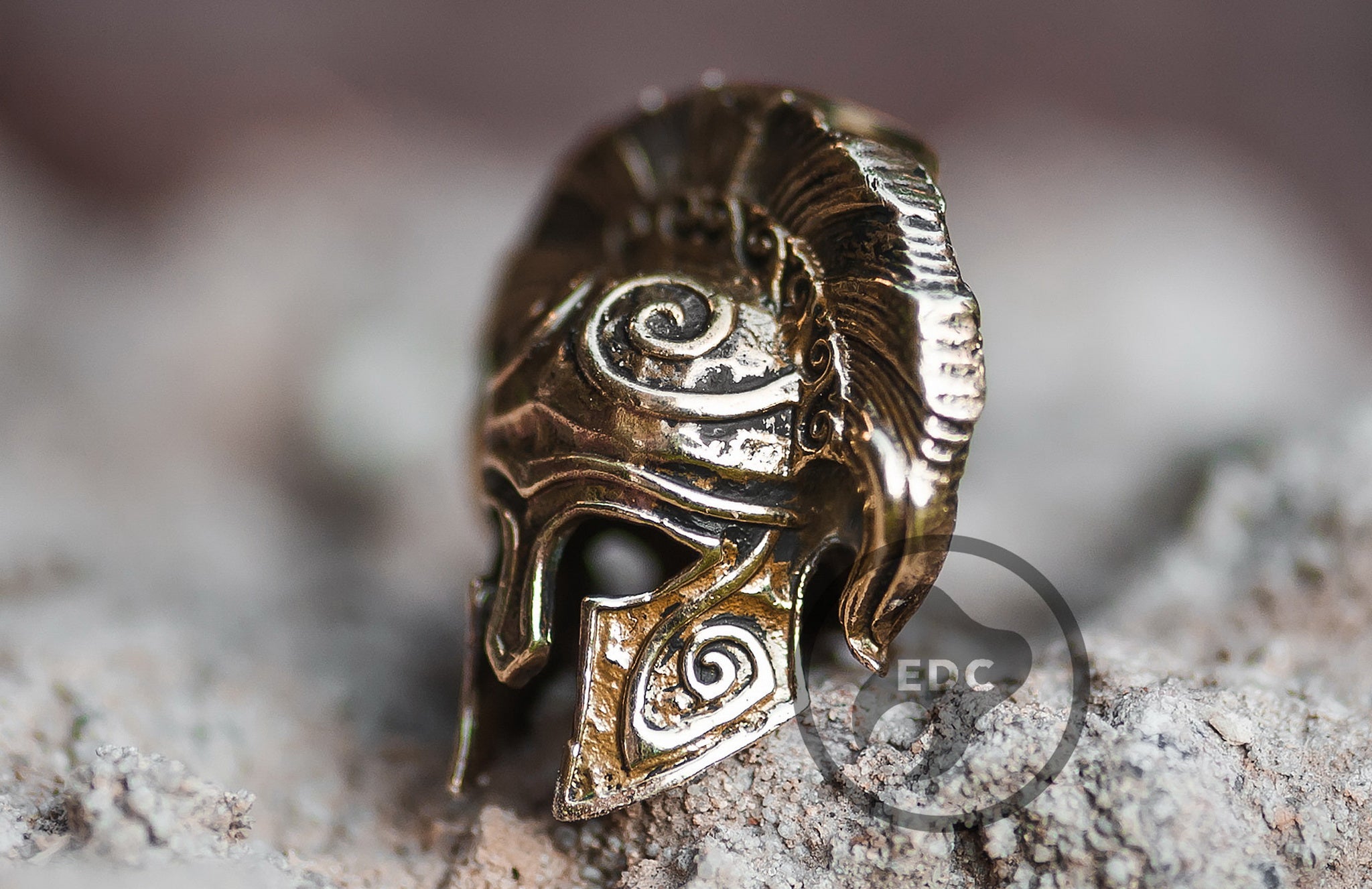 Solid brass Spartan Hoplite helmet bead with high crested plume.-1