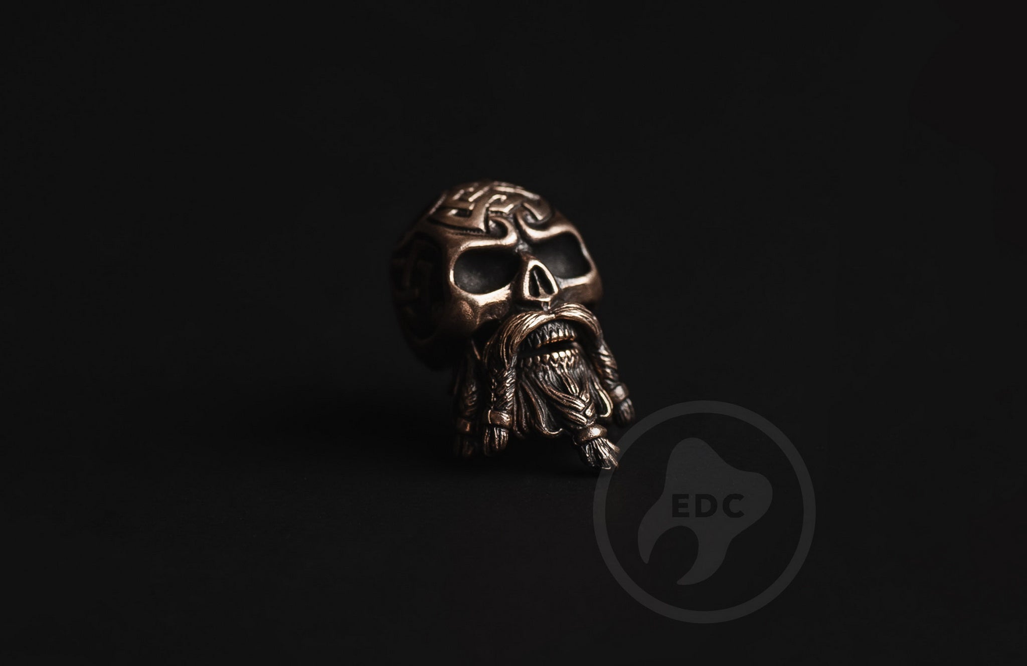 Slim profile Celtic bearded skull bead on a leather knife lanyard.-2