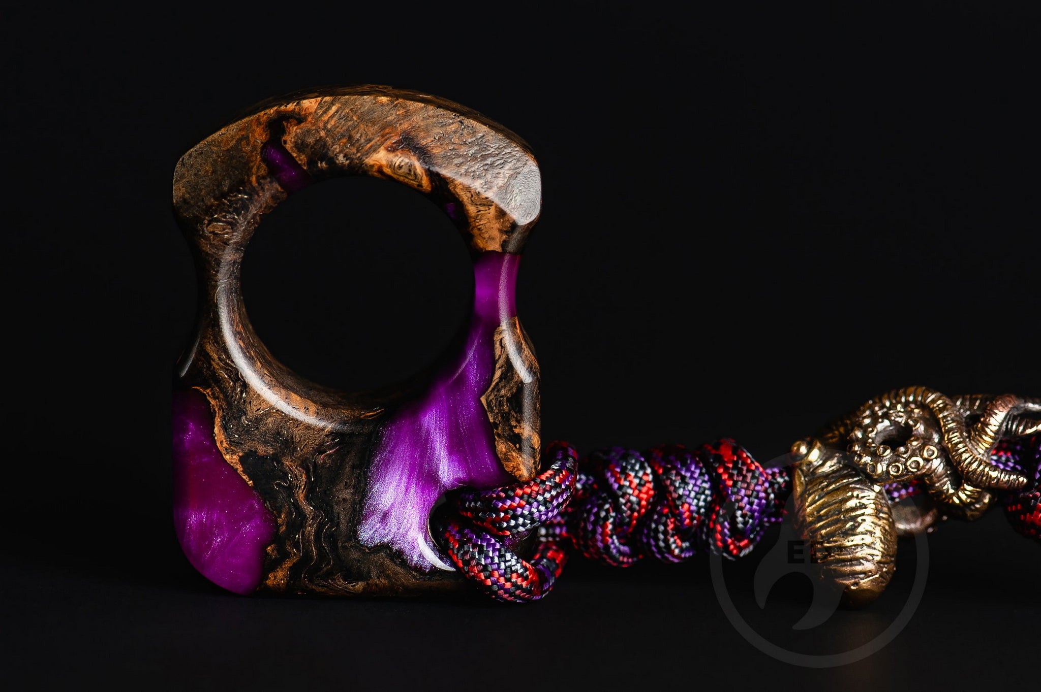 Close up of solid brass Octopus bead on purple lanyard, Texture detail of purple resin and oak burl nautical pocket sculpture-2