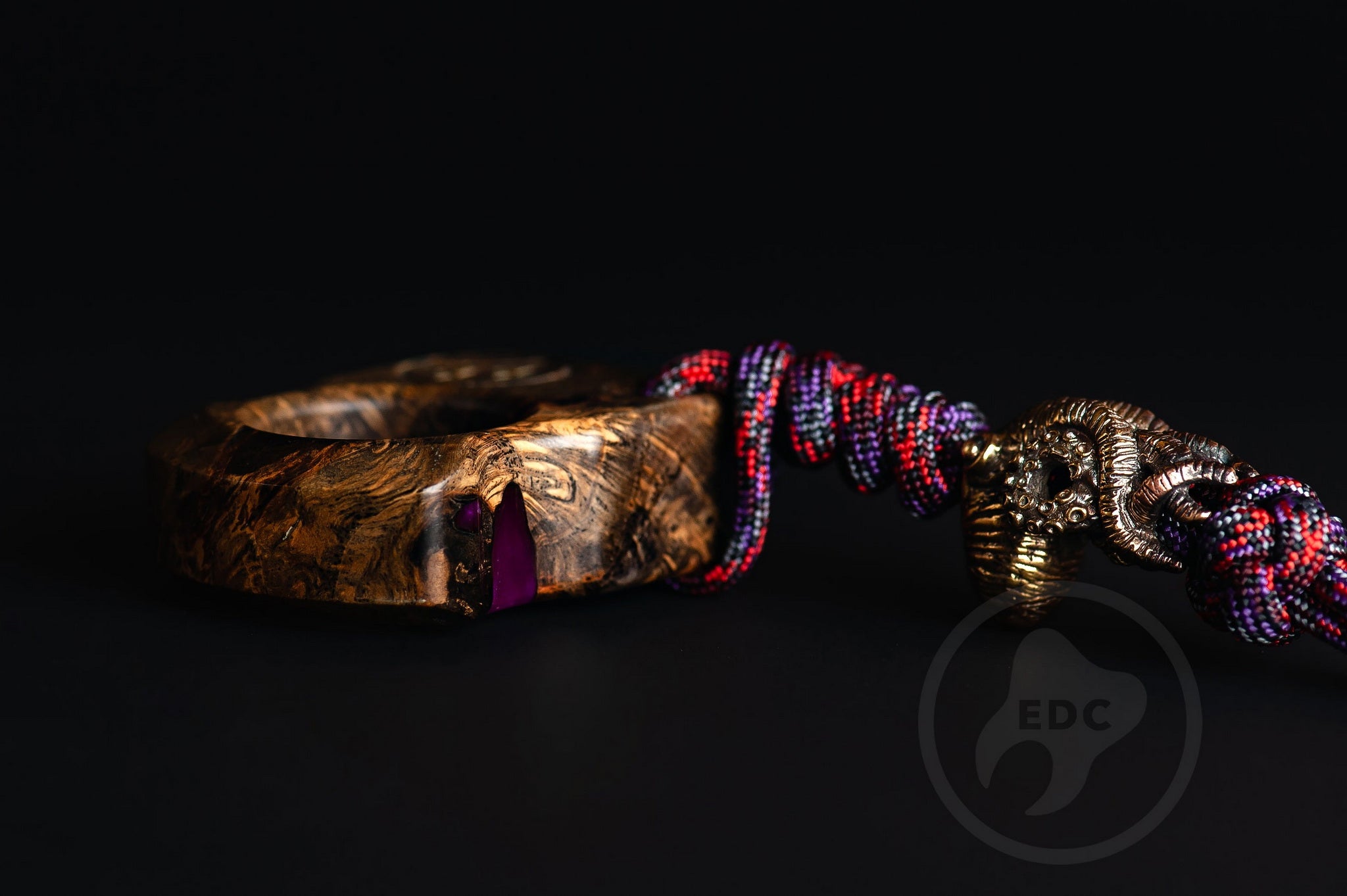 Close up of solid brass Octopus bead on purple lanyard, Texture detail of purple resin and oak burl nautical pocket sculpture-4