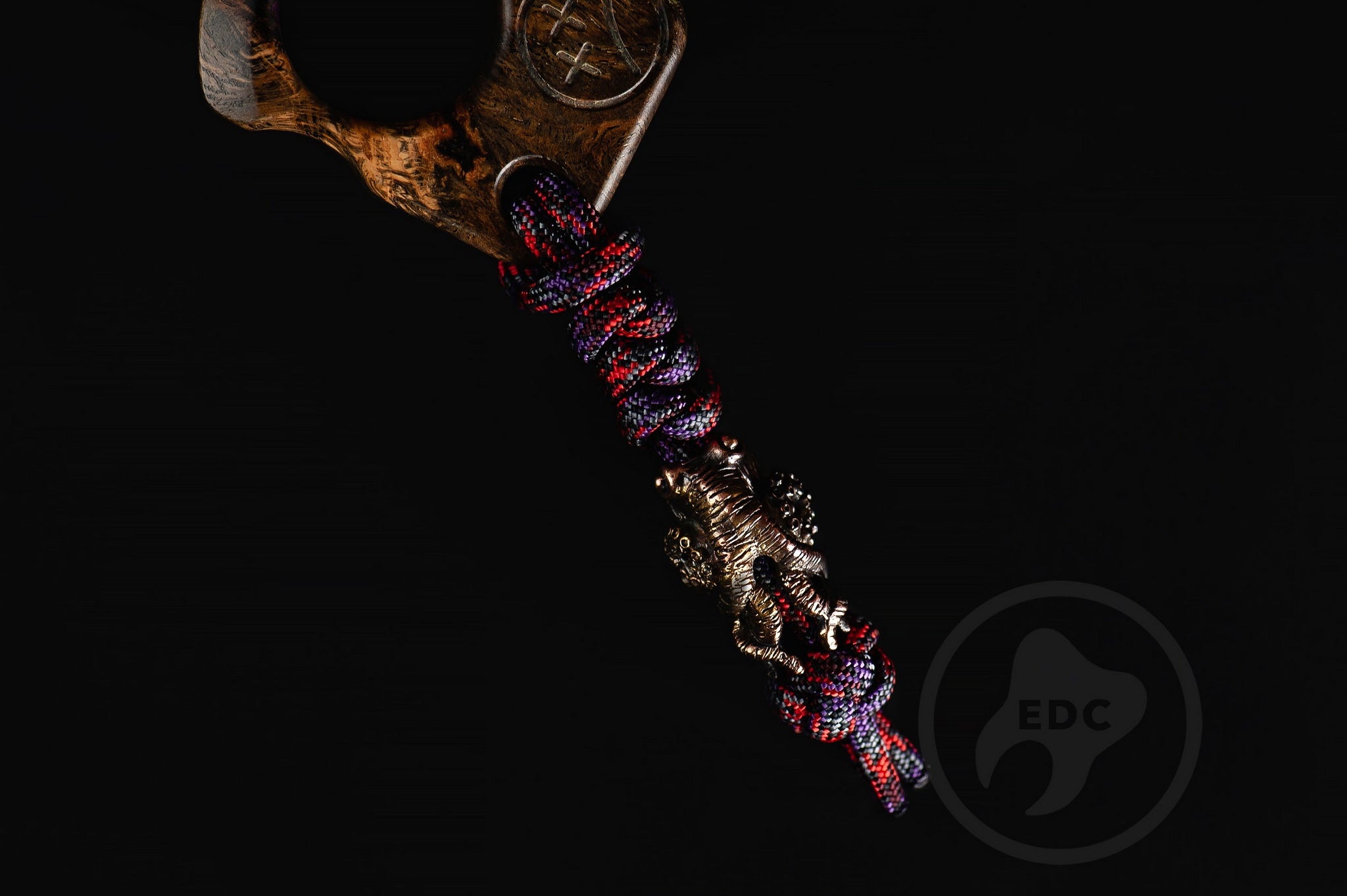 Close up of solid brass Octopus bead on purple lanyard, Texture detail of purple resin and oak burl nautical pocket sculpture-5
