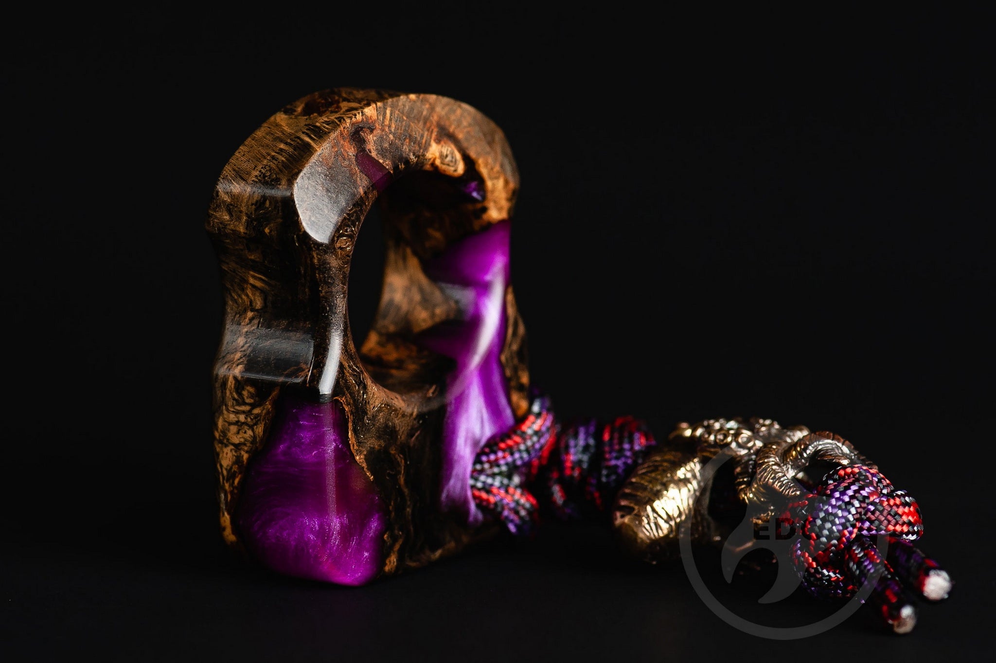 Handcrafted Series S01 stabilized oak burl and pearl purple resin EDC pocket art with brass Octopus bead