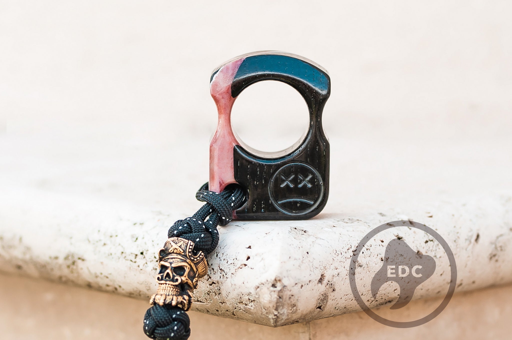 Close up of solid brass pirate skull bead on Series S01 lanyard, Back view of milk white resin and ironwood pocket sculpture-5