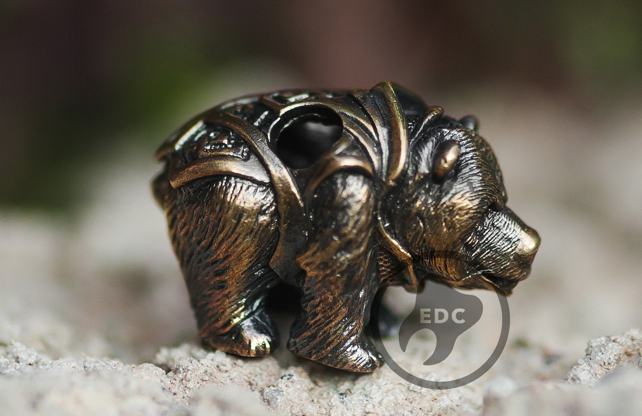 Solid brass Fighting Grizzly Bear bead with double hole design.-2