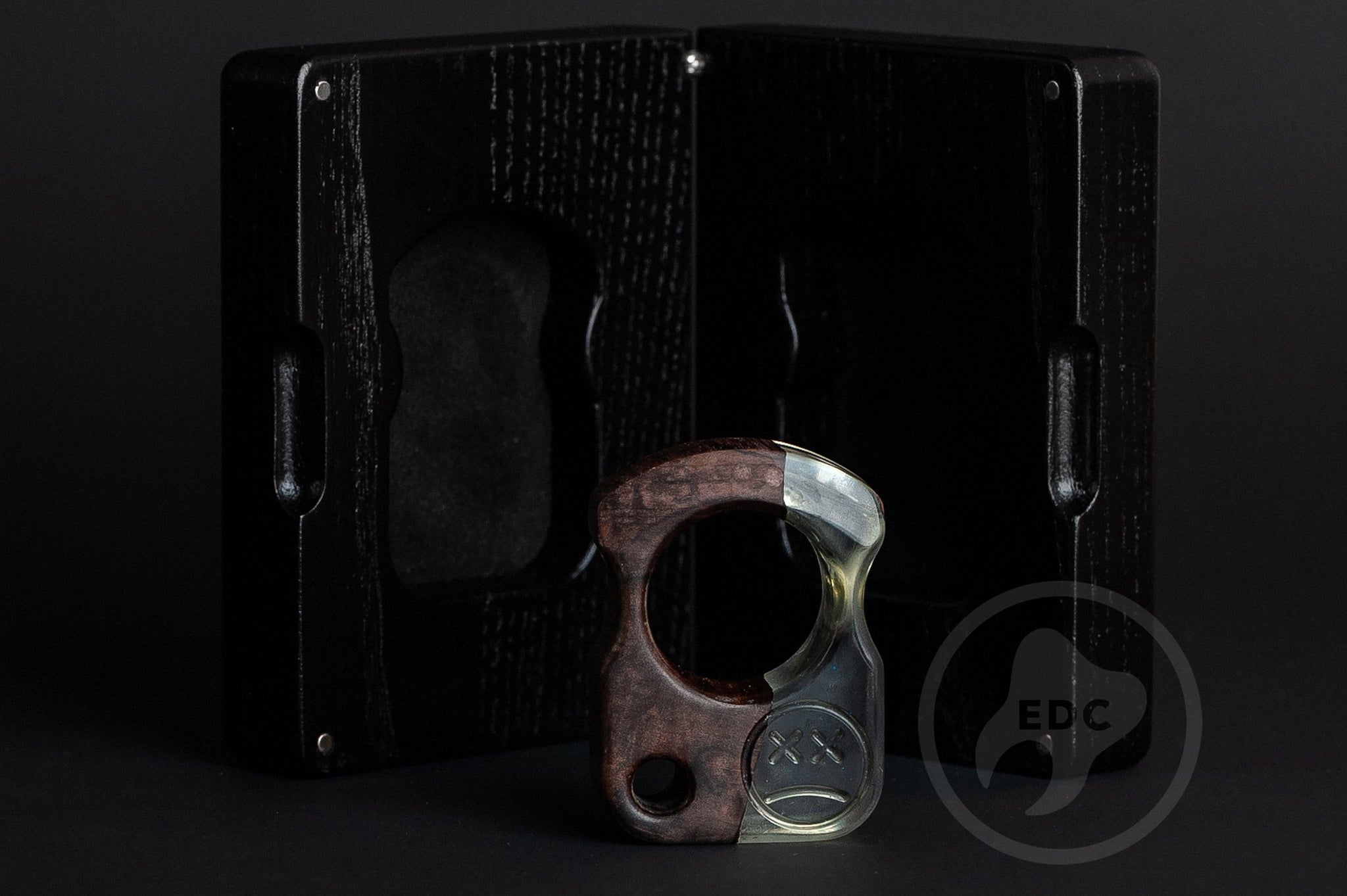 Close up of solid brass Toad Frog bead on blue lanyard, Texture detail of blue glitter resin and spalted wood pocket sculpture-4