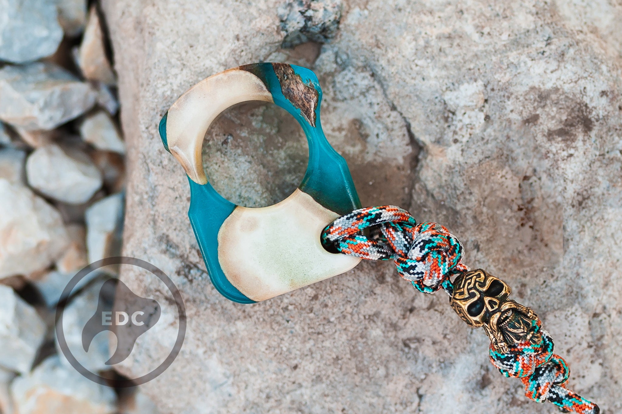 Close-up of the Bearded Skull brass bead with Celtic patterns.