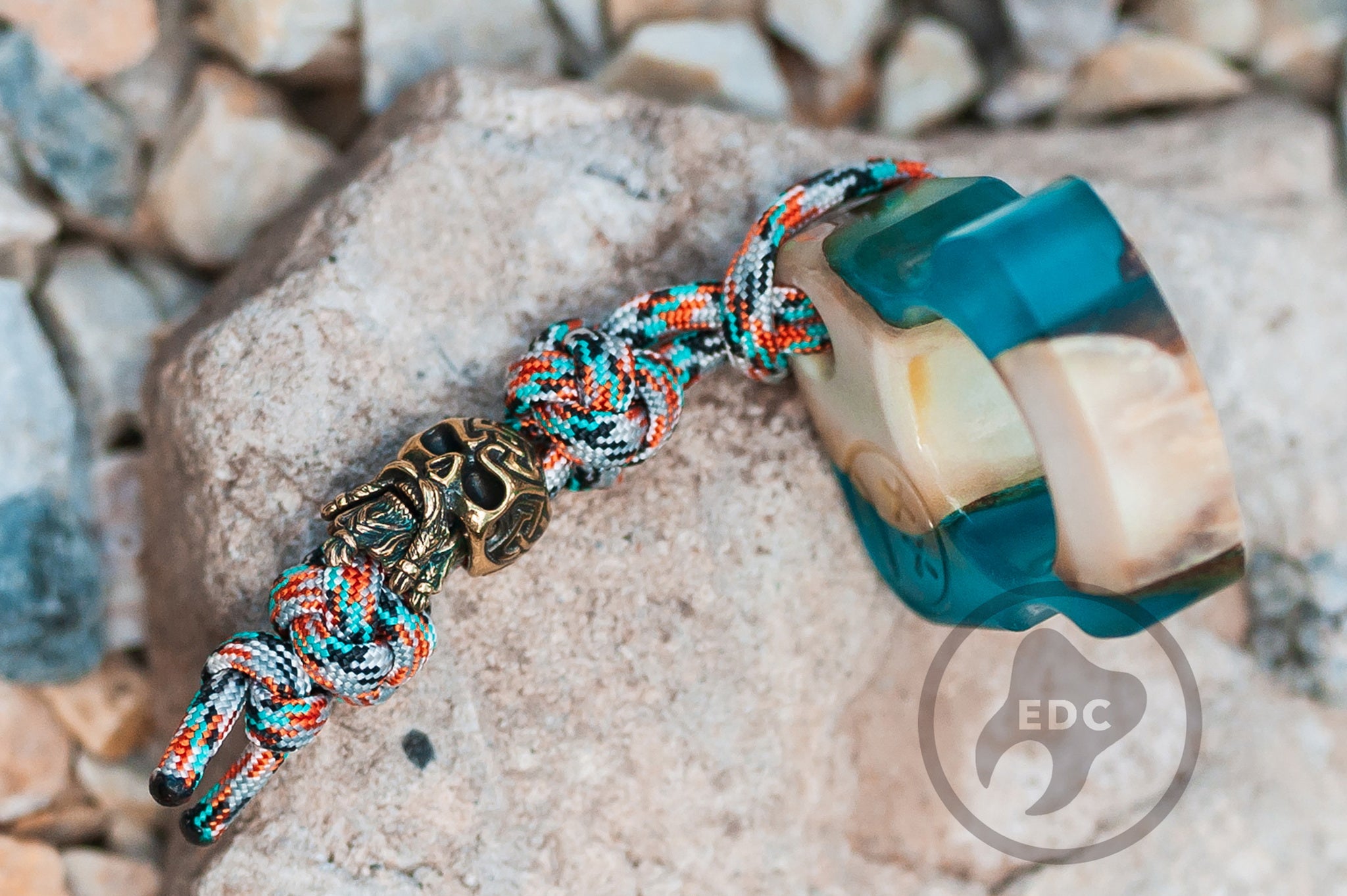 Close-up of the Bearded Skull brass bead with Celtic patterns.-1