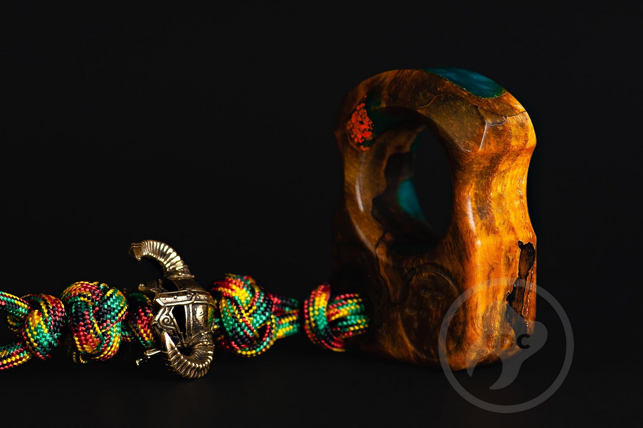 Handcrafted Series S01 stabilized ash burl and pearl blue resin EDC pocket art with brass Dragonborn bead