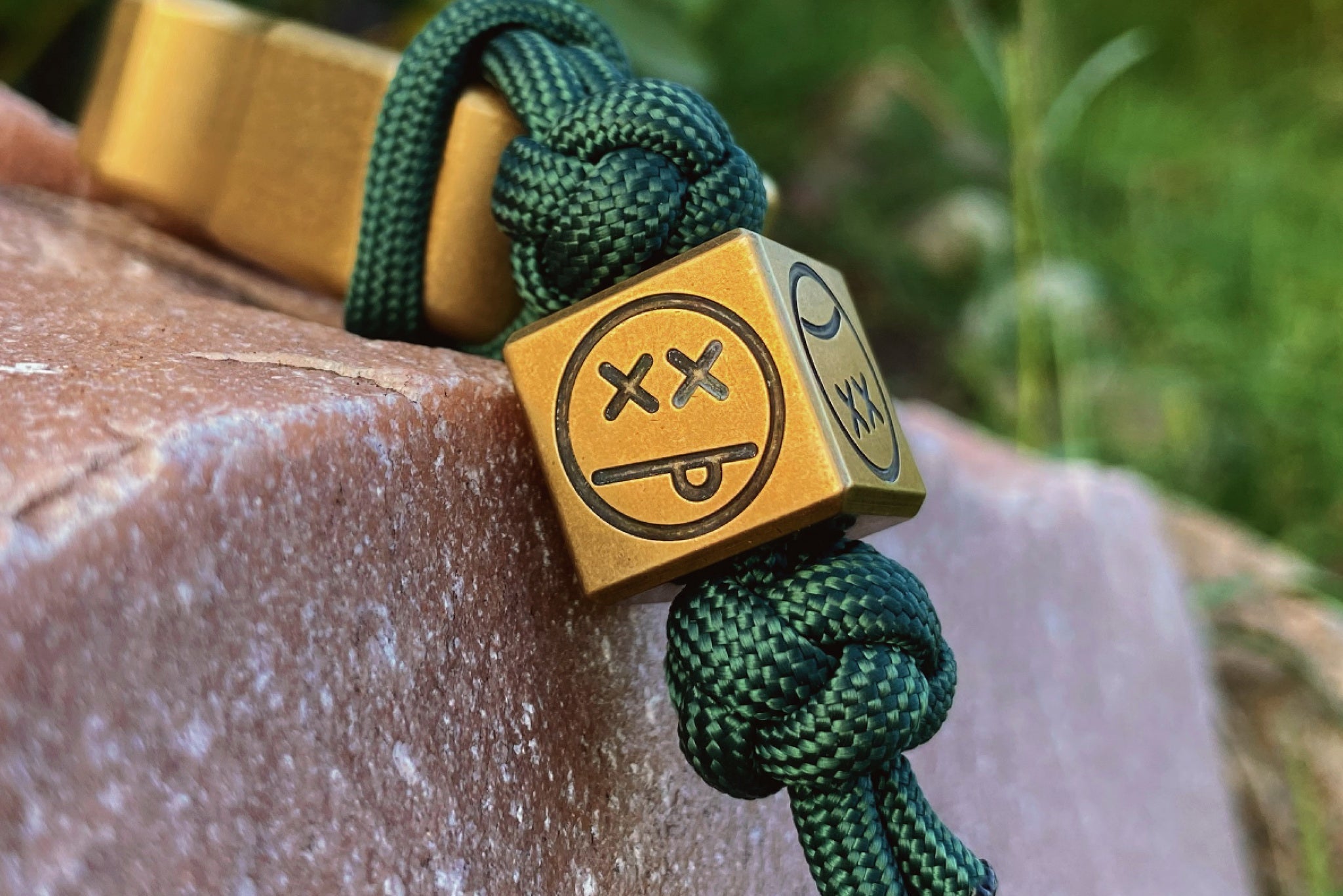 Patina brass Sad Face cube bead with antique stonewash finish.-2