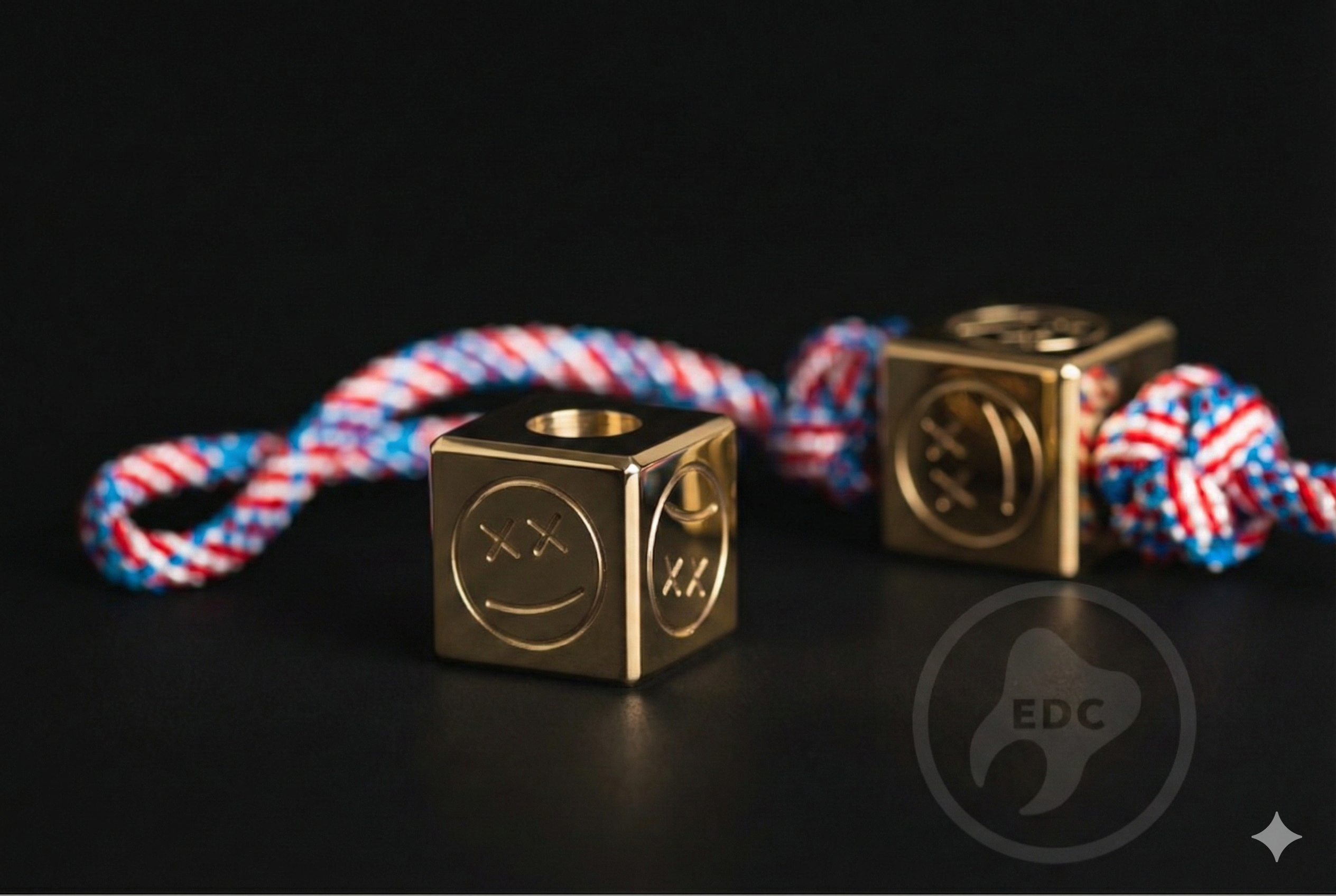 Shiny 40g brass cube attached to a folding knife lanyard.