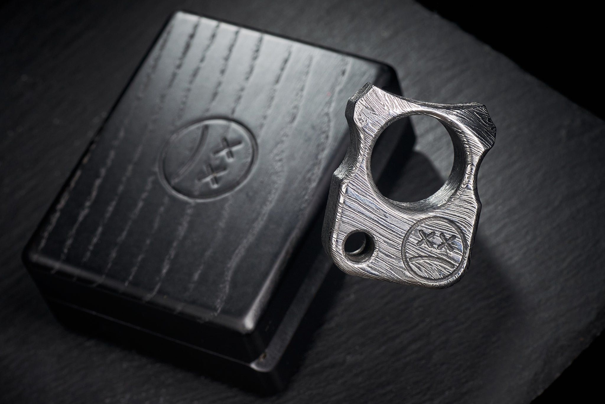 Premium black oak case with alcantara lining for Damascus steel accessories