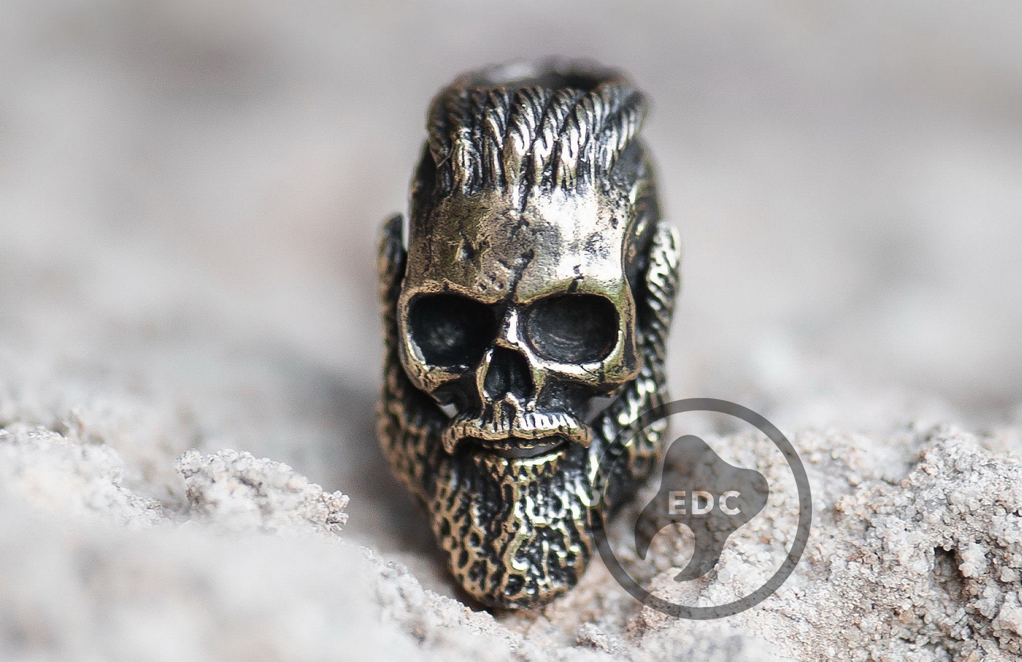 Hand-casted brass lanyard bead depicting the skull of Viking King Ragnar with a beard.-2