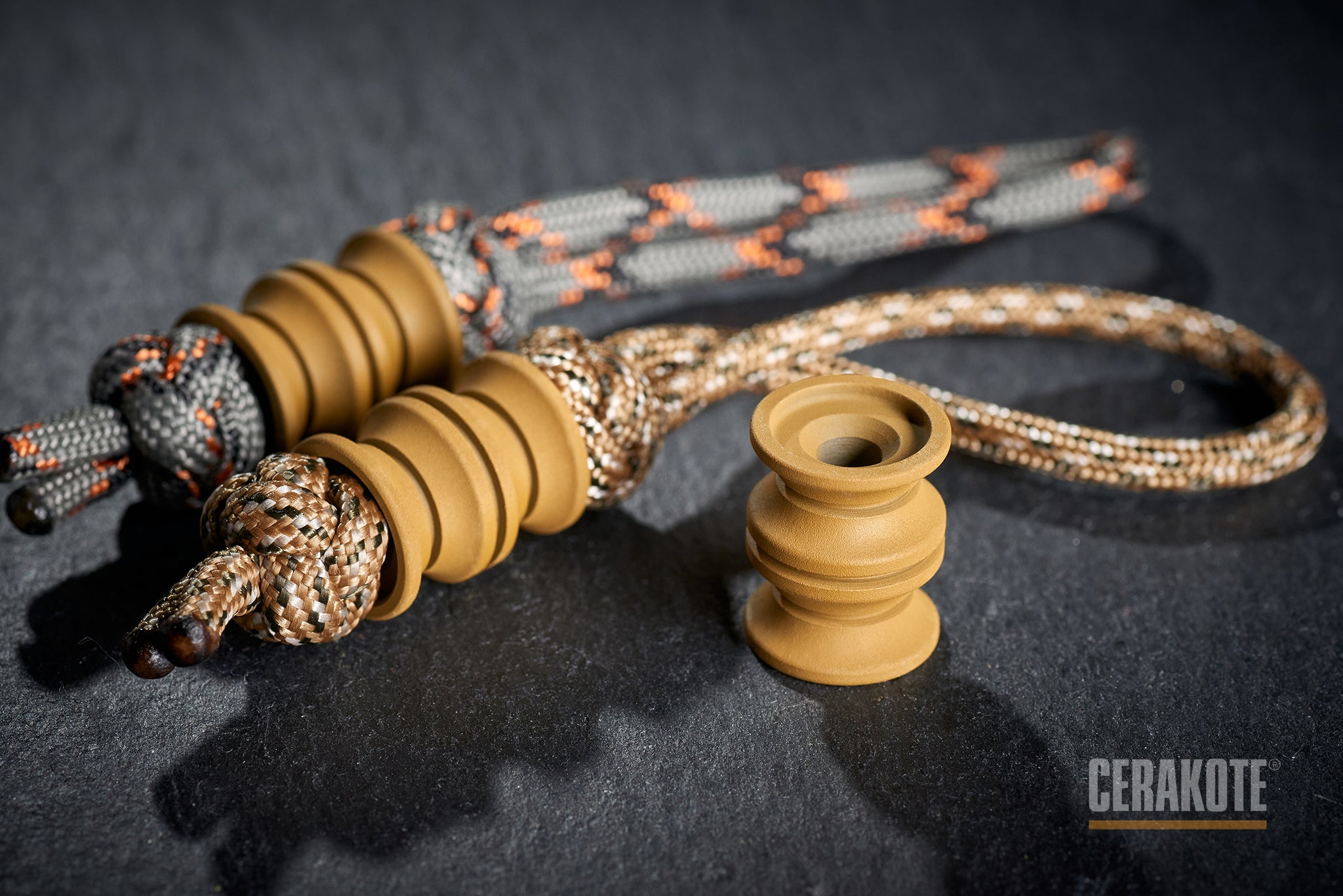 Close-up of RAL 8000 Cerakote finish on a titanium barrel bead.-1