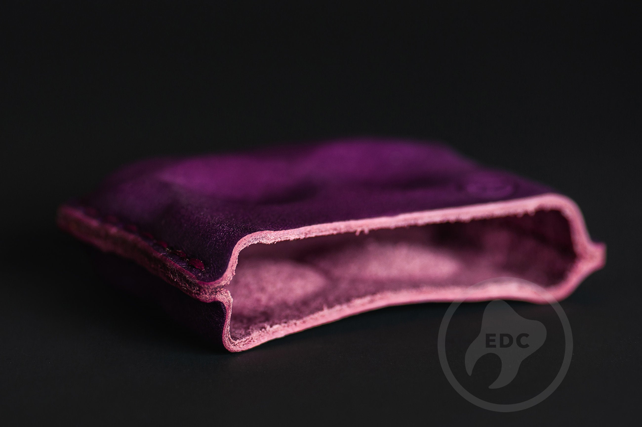 Close-up of premium purple leather stitching on dual-slot EDC slip D01, Pocket fit of Series D01 royal purple leather organizer-4