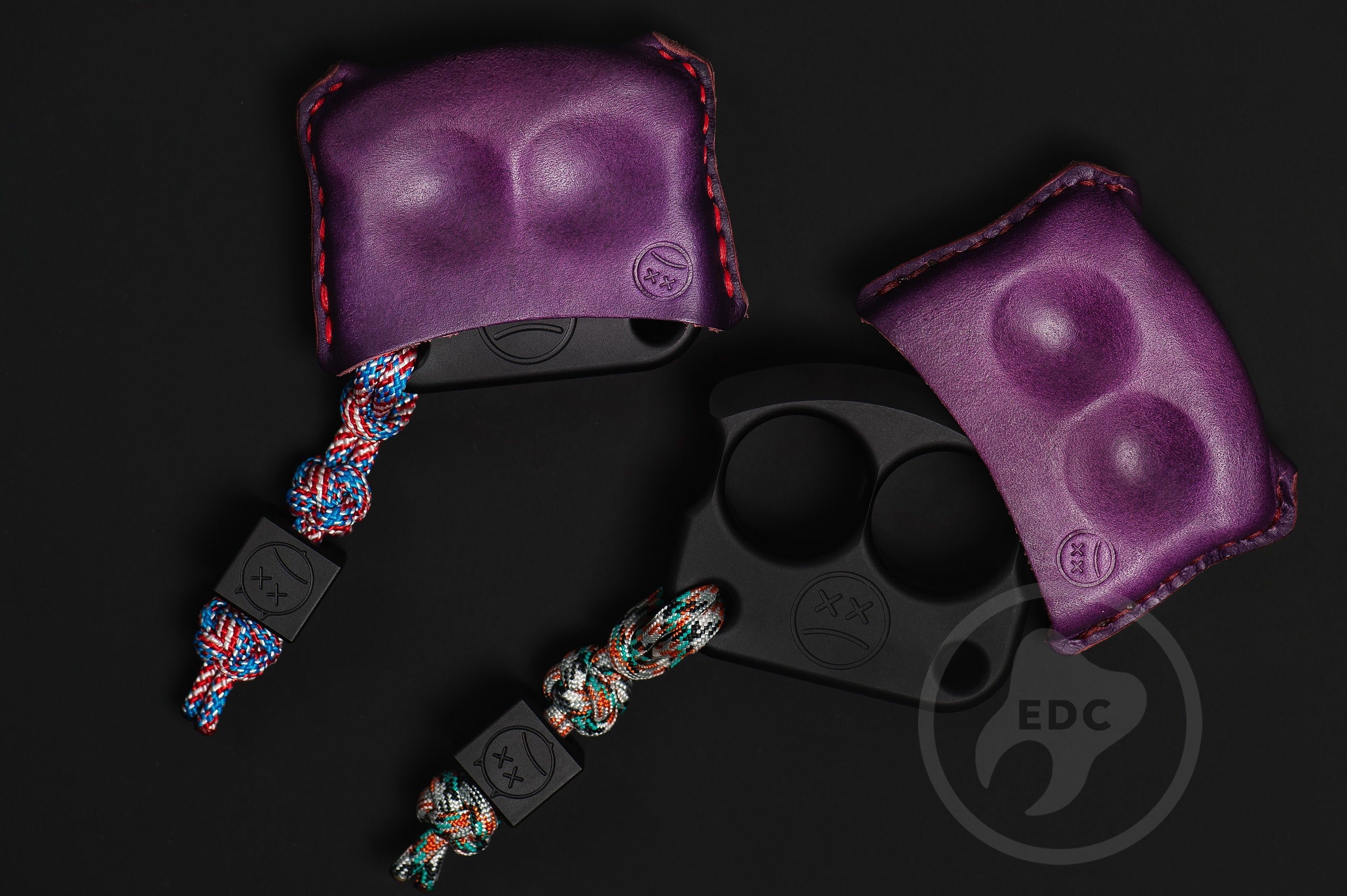 Close-up of premium purple leather stitching on dual-slot EDC slip D01, Pocket fit of Series D01 royal purple leather organizer-5