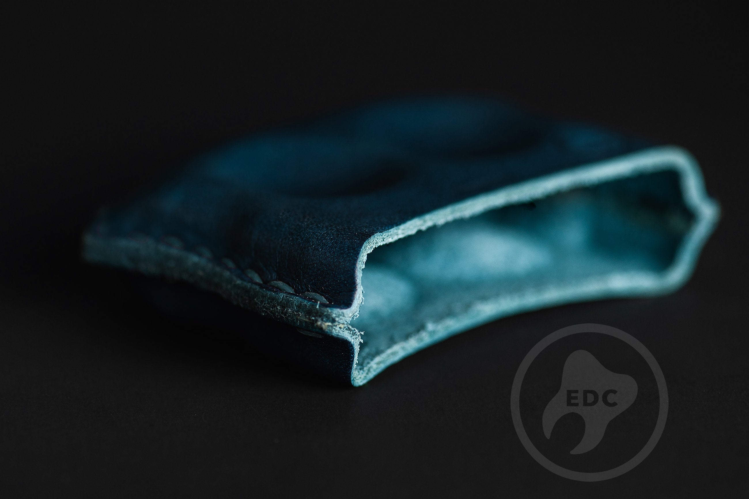 Close-up of premium blue leather stitching on dual-slot EDC slip D03, Pocket fit of Series D03 royal blue leather dual-slot organizer-4