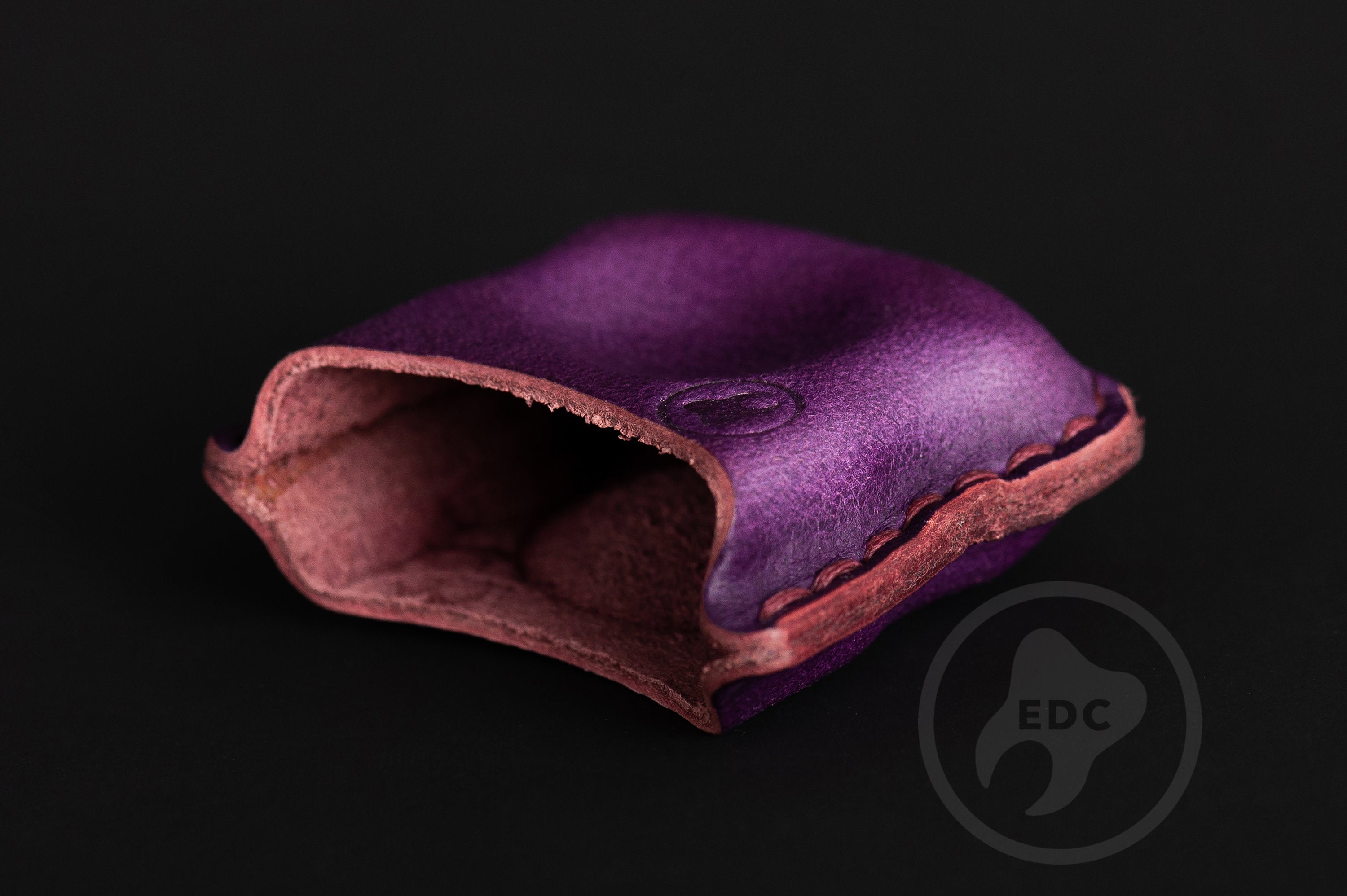 Close-up of premium purple leather stitching on EDC slip S03, Royal purple leather pocket organizer Series S03 back view-3